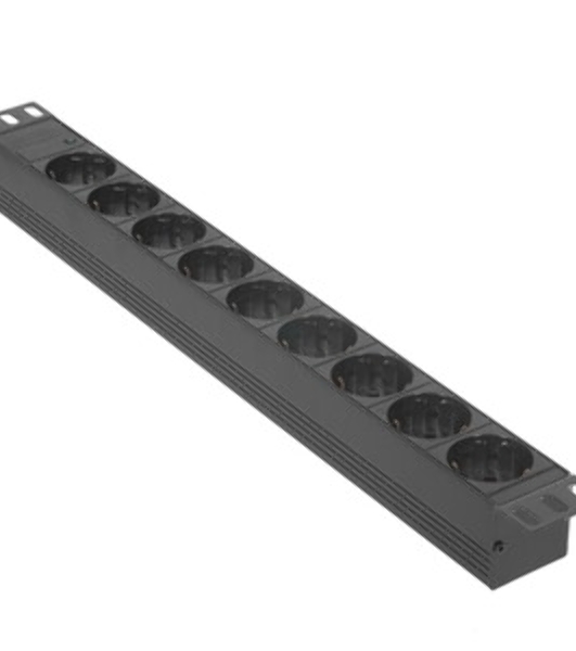 Блок розеток горизонтальный ExeGate ServerPro PDU-19H905 Al-9S-EU3, 19', 1U, Алюминий, 9 Schuko, кабель с евровилкой VDE-250V-16A-3*1.5мм2, 3 метра, черный