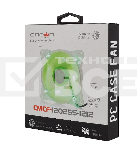 Вентилятор для корпуса Crown CMCF-12025S-1212 прозрачный/зеленый, 120 мм, 1650 об/мин, 28 дБ, 3 pin