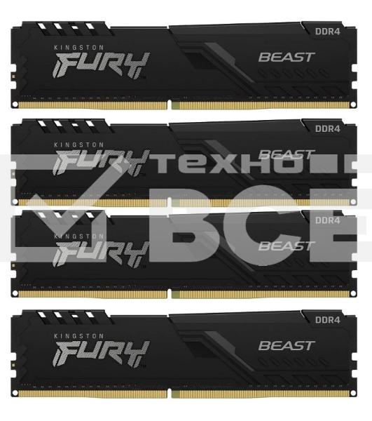 Оперативная память Kingston Fury Beast, DDR4, 128GB (4x32 GB), 3200 MHz, CL16, DIMM, с радиатором, чёрный