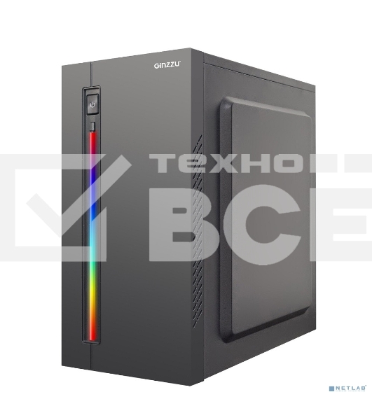 Компьютерный корпус MiniTower Ginzzu D370, RGb, Акриловое стекло, mATX, 2xUSB 2.0, черный, без БП, без вентиляторов