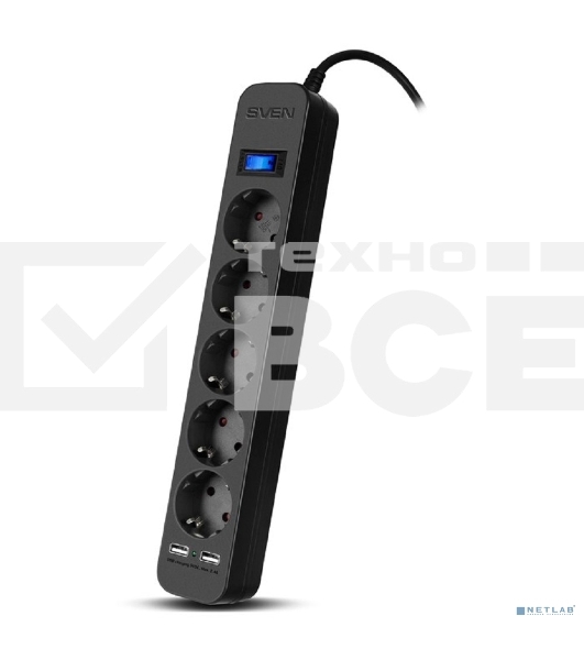 Фильтр SVEN SF-05LU 3.0 м (5 евро розеток,2*USB(2,4А)) черный, цветная коробка Surge protector SVEN SF-05LU 3.0 м (5 евро розеток,2*USB(2,4А)) черный, цветная коробка