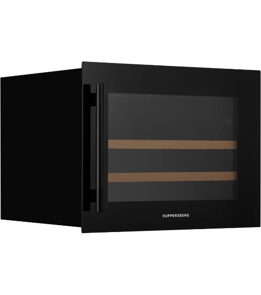 Винный шкаф Kuppersberg RBW 45, встраиваемый, High-Tech, объем 62 л, вместимость 28 бутылок, диапазон температуры 5-20 градусов, 2 полки из бука, LCD дисплей, уровень шума 40 дБ, черный