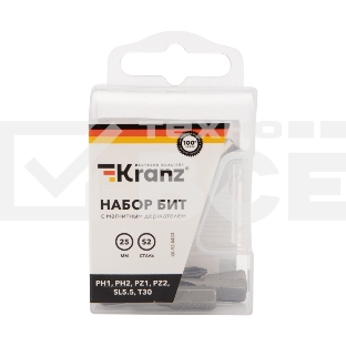 Набор бит KRANZ 25 мм PH1, PH2, PZ1, PZ2, SL5.5, T30 с магнитным держателем (7 шт./уп.)