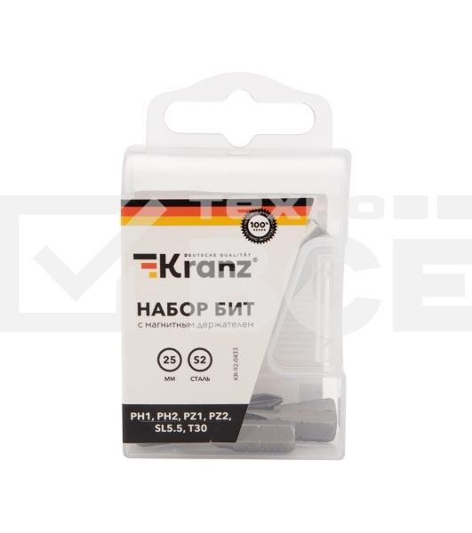 Набор бит KRANZ 25 мм PH1, PH2, PZ1, PZ2, SL5.5, T30 с магнитным держателем (7 шт./уп.)