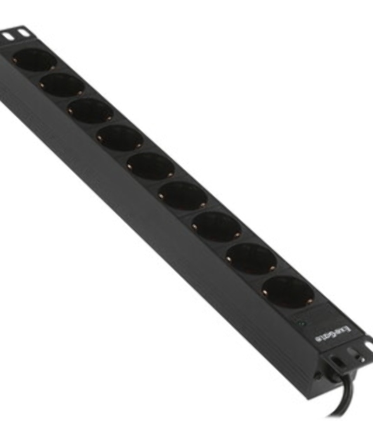 Блок розеток горизонтальный ExeGate ServerPro PDU-19H906 Al-9S-C14-2.5, 19', 1U, Алюминий, 9 Schuko, кабель с вилкой C14 VDE-250V-10A-3*1.5мм2, 2.5 метра, черный