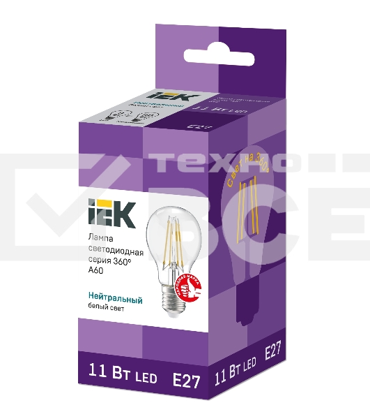 Лампа LED A60 шар прозр. Iek LLF-A60-11-230-40-E27-CL 11Вт 230В 4000К E27 серия 360°