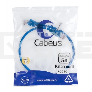 Шнур комм. Cabeus, кат. 5е, неэкр., U/UTP, RJ45/RJ45, PVC, AWG24, 0.5м, синий