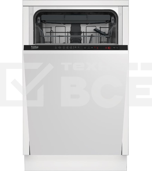 Встраиваемая посудомоечная машина Beko BDIS1W861, 45 СМ, 9 комплектов посуды, 5 программ мойки, 3 корзина, уровень шума 55 дБ, стандартный мотор, частичная защита от протечек Overflow Safety, функция Таблетка, половинная загрузка, кнопочное управление