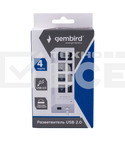 Разветвитель USB2.0 Gembird UHB-243-ADW, 4хUSB, с доп. питанием, подсветка и выключатели, кабель USB 55см, белый, коробка