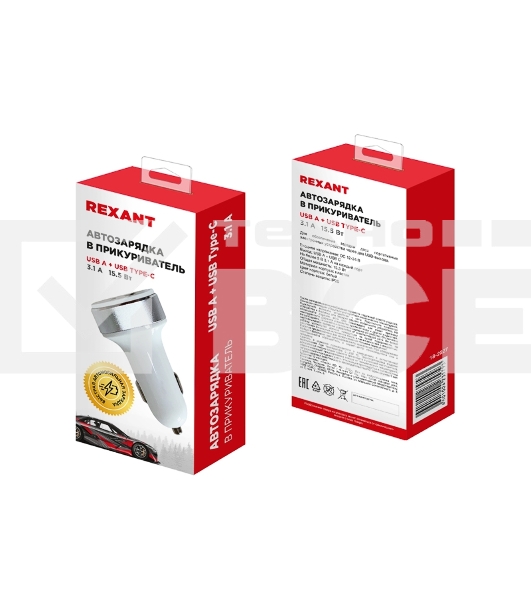 Автозарядка в прикуриватель Rexant АЗУ USB-A+USB-C, 3.1 A белый