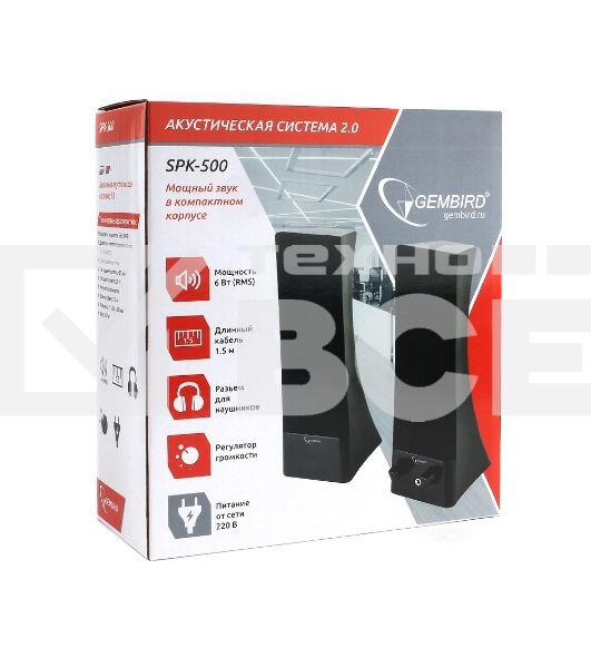 Акустич. система 2.0 Gembird SPK-500, черный, 6 Вт, рег. громкости, разъём для наушников, питание от сети