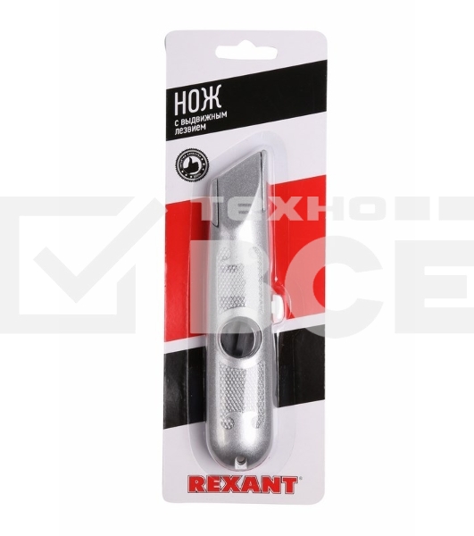 Нож с трапециевидным выдвижным лезвием Rexant 12-4908, винтовой фиксатор лезвия