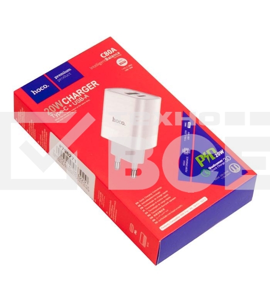 Сетевое зарядное устройство HOCO C80A Rapido 1xUSB + 1xUSB-C, 3.1A, 20W, белый