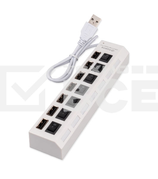 Разветвитель USB2.0 Gembird UHB-U2P7-01W, 7хUSB, с доп. питанием, подсветка и выключатели, кабель USB 55см, белый, коробка