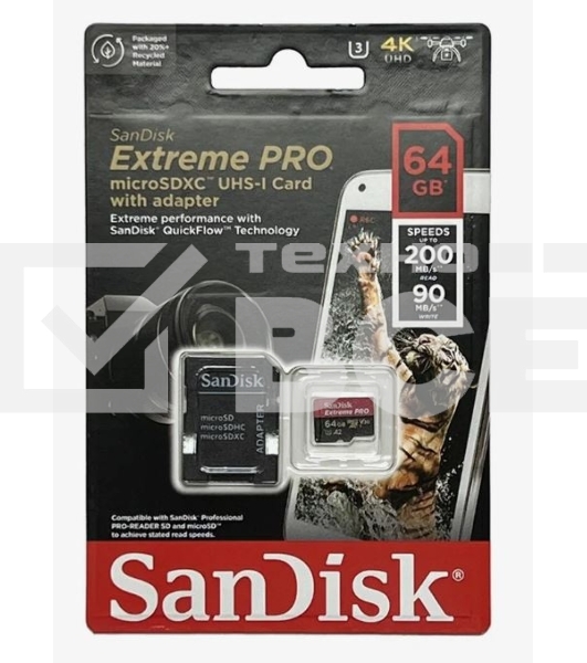 Карта памяти SanDisk Extreme Pro microSD UHS I Card 64GB for 4K Video on Smartphones, Action Cams & Drones 200MB/s Read, 90MB/s Write, Lifetime Warranty