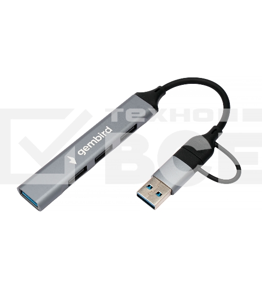 Разветвитель USB3.0/2.0 Gembird UHB-C204, USB3.0, 3xUSB2.0, кабель Type-C+USB 10см, алюминий, пакет