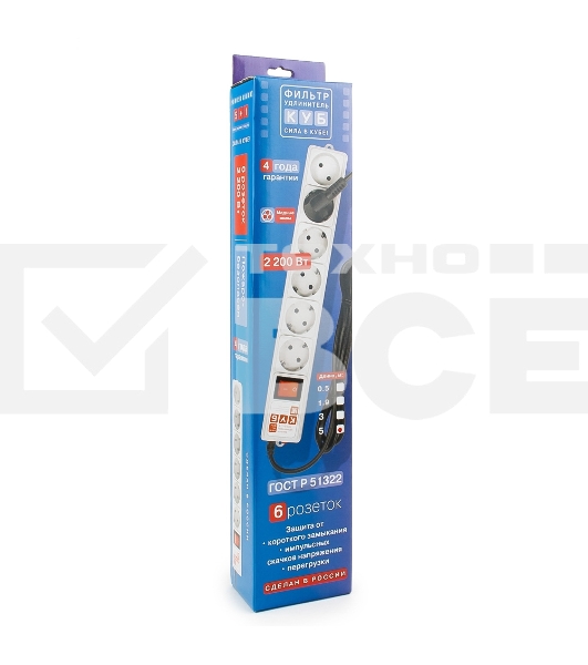 Сетевой фильтр Power Cube 5,0 м 6 розеток (серый) 10А/2,2кВт