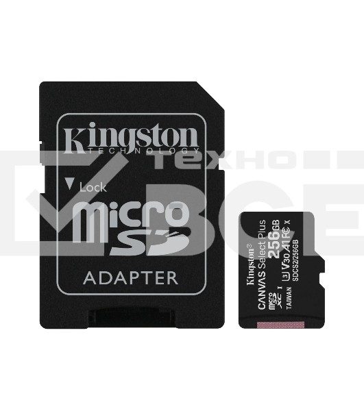 Флеш карта microSDHC 256GB microSDXC Class10 Kingston <SDCS2/256GB> UHS-I Canvas Select up to 100MB/s с адапт.