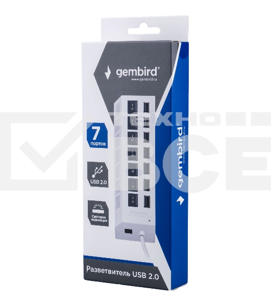 Разветвитель USB2.0 Gembird UHB-U2P7-01W, 7хUSB, с доп. питанием, подсветка и выключатели, кабель USB 55см, белый, коробка