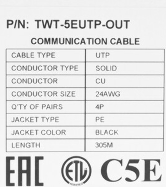 Кабель информационный Lanmaster TWT-5EFTP2-OUT кат.5е F/UTP общий экран 2X2X24AWG PVC внешний 305м черный