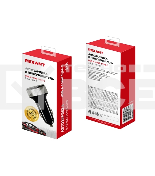 Автозарядка в прикуриватель Rexant АЗУ USB-A+USB-C, 3.1 A черный