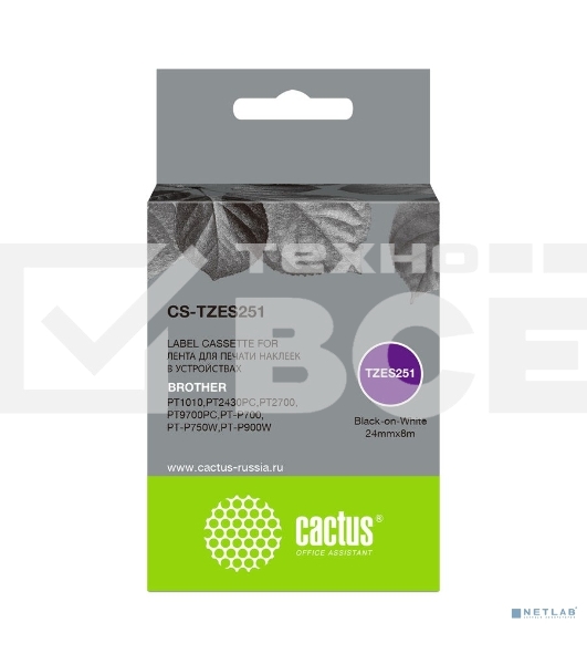Картридж ленточный Cactus CS-TZES251 черный шрифт, белый фон (24 мм, 8 м) для Brother 1010/1280/1280VP/2700VP