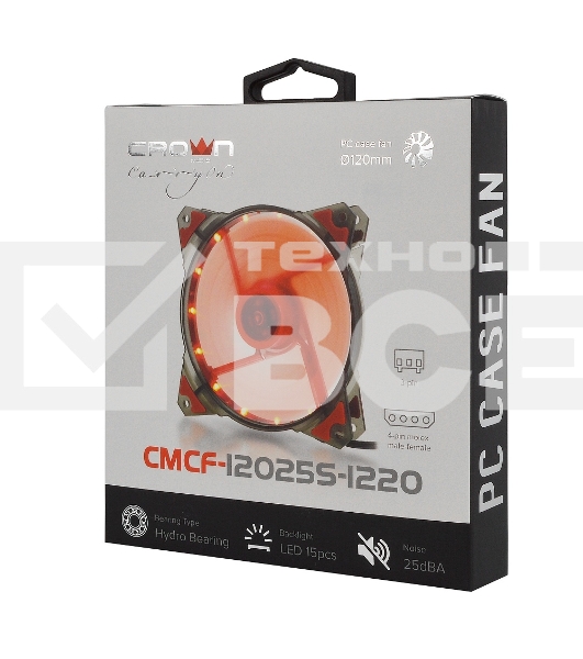 Вентилятор для корпуса Crown CMCF-12025S-1220 черный/красный, 120 мм, 1650 об/мин, 28 дБ, 3 pin