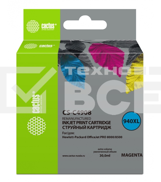 Картридж струйный Cactus CS-C4908 №940 пурпурный (30 ml) для HP OfficeJet PRO 8000/8500