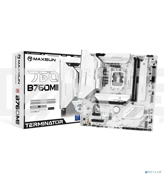 Материнская плата Maxsun MS-Terminator B760M GKD5 ICE, LGA1700, Intel B760, 2xDDR5, 4xSATA, 4xM.2, 1xPCIe 4.0 x16, 1xPCIe 4.0 x4, 1xHDMI, 1xDP, 1x2.5Gb LAN, Wi-Fi 6E, Bluetooth 5.3, 1xUSB-C 20Gbps, 2xUSB-A 10Gbps, 3xUSB-A 2.0, 3x3.5 мм, 7.1, mATX