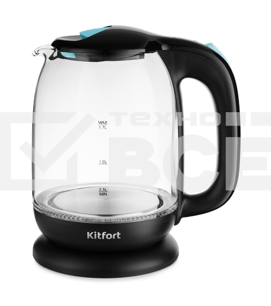 Чайник электрический Kitfort КТ-625-1 1.7л. 2200Вт черный/голубой (корпус: стекло)