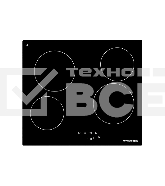 Варочная панель Kuppersberg, Hi-Light, High-Tech, 60 см, 4 конфорки, 9 уровней мощности, таймер, автоматическое отключение, индикация остаточного тепла, сенсорное управление, черный