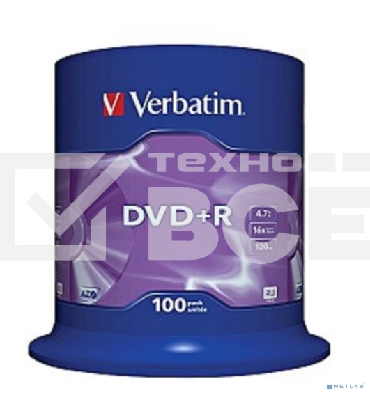 Диск DVD+R Verbatim 4.7Gb 16x Cake Box (100шт) (43551)