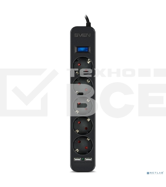 Фильтр SVEN SF-05LU 3.0 м (5 евро розеток,2*USB(2,4А)) черный, цветная коробка Surge protector SVEN SF-05LU 3.0 м (5 евро розеток,2*USB(2,4А)) черный, цветная коробка