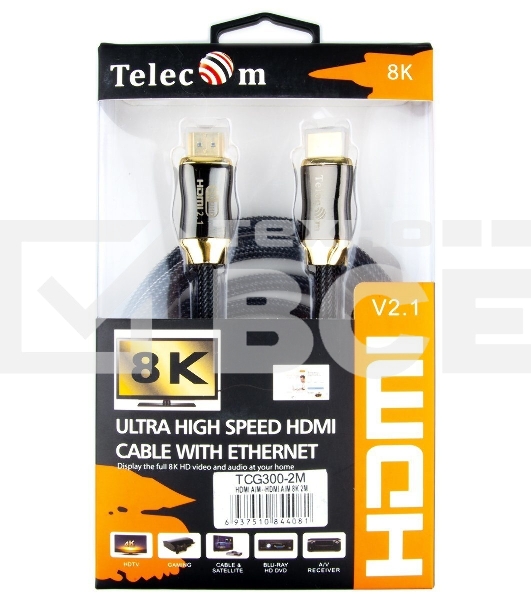 Кабель HDMI 19M/M,ver. 2.1, 8K@60 Hz 2m метал разъемы, нейлоновая оплетка Telecom <TCG300-2M>
