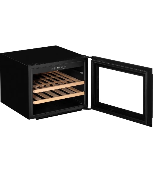 Винный шкаф Kuppersberg RBW 45, встраиваемый, High-Tech, объем 62 л, вместимость 28 бутылок, диапазон температуры 5-20 градусов, 2 полки из бука, LCD дисплей, уровень шума 40 дБ, черный