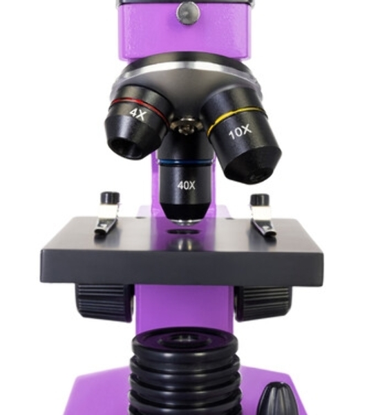 Микроскоп Levenhuk RAINBOW 2L AMETHYST/Аметист Микроскоп с предметным столиком, трехгнездным револьвером, фокусировочным механизмом, двумя источниками света с регулировкой яркости Монокулярная насадка Объективы: 4х, 10х, 40х, Увеличение микроскопа: 64-640x