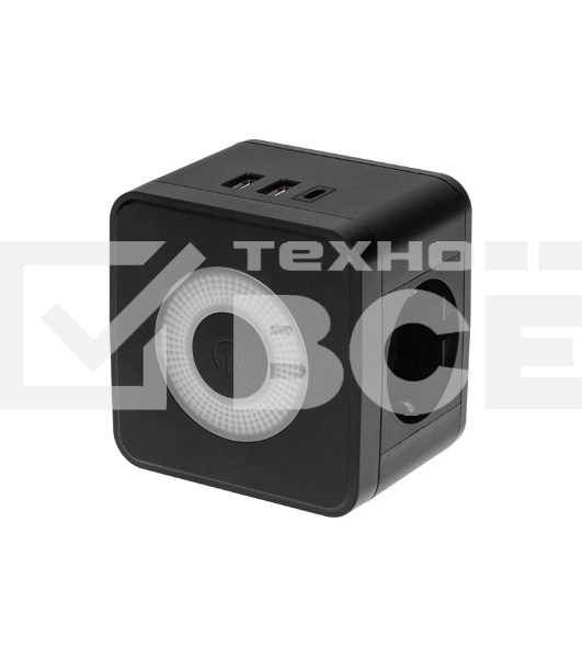 Двойник электрический Куб 16А с заземлением + 2хUSB-A 2,4А + USB Type-C 3А с ночной подсветкой, черный Rexant