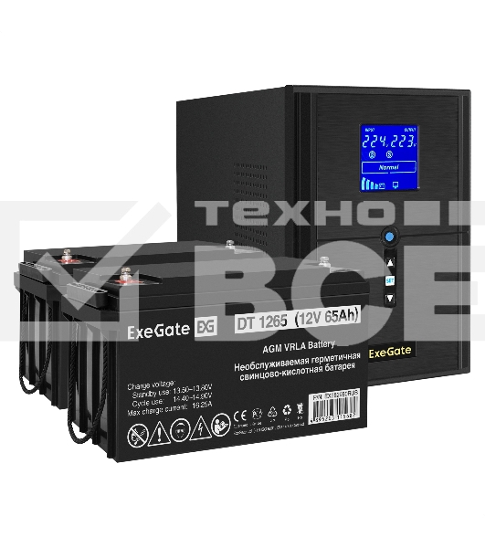 Комплект Источник бесперебойного питания EX295989RUS + батарея 65Aч EX282980RUS 2шт (инвертор, синус, для котла) ExeGate SineTower SZ-2000.LCD.AVR.3SH.1C13.USB <2000VA/1600W, чистый синусоида, LCD дисплей, AVR, 3*Schuko+1*C13, USB, линейно-интерактивный, 