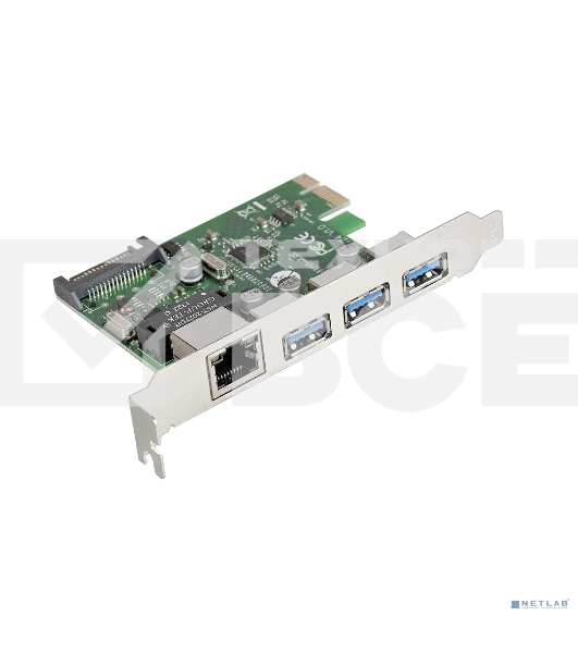 Контроллер сетевой ExeGate EXE-361 PCI-E 2.0, 3*USB3.0 ext + LAN UTP 1000Mbps, раз.доп.пит.OEM)