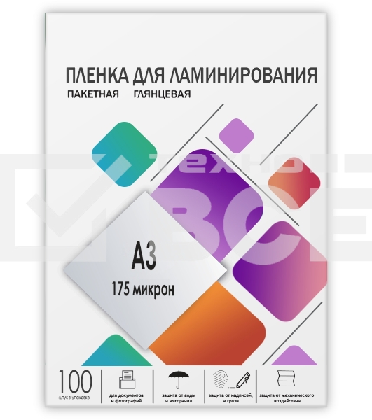 Пленка 303х426 (175 мик) 100 шт./ Пленка для ламинирования A3, 303х426 (175 мкм) глянцевая 100шт, ГЕЛЕОС [LPA3-175]