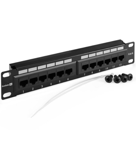Патч-панель модульная ExeGate EPPB-10-12 (10', UTP, 12 port, наборная, неэкранированная, 1U, RoHS, Black, RTL)
