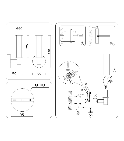 Настенный светильник Ambrella light LH55517 BK/BS/CL черный/латунь/прозрачный E14 max 40W 120*100*250