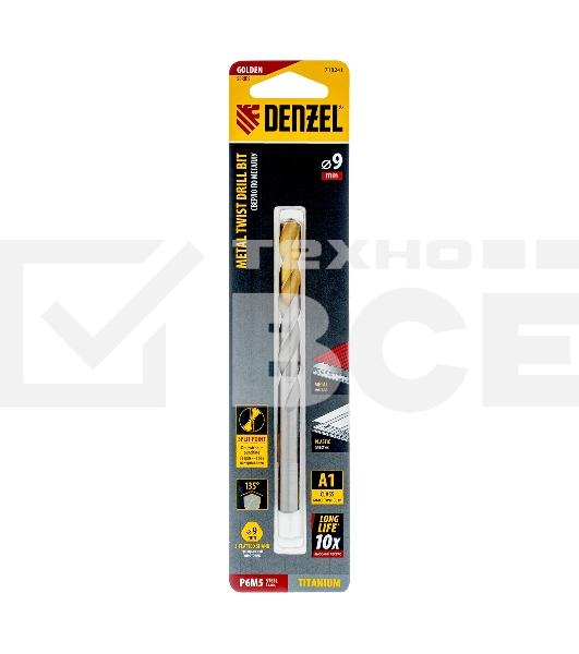 Сверло спиральное по металлу 9 x 125мм, Р6М5, Golden Tip Denzel