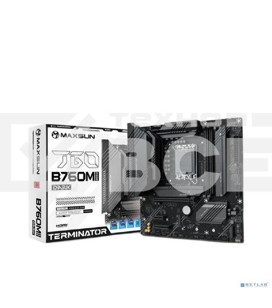 Материнская плата Maxsun MS-Terminator B760M GKD5 DARK, LGA1700, Intel B760, 2xDDR5, 4xSATA, 3xM.2, 1xPCIe 4.0 x16, 1xPCIe 4.0 x4, 1xPCIe 3.0 x1, 1xHDMI, 1xDP, 1x2.5Gb LAN, 1xUSB-C 20Gbps, 2xUSB-A 10Gbps, 3xUSB-A 2.0, 3x3.5 мм, 7.1, mATX