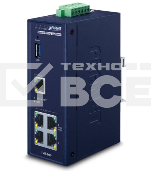 Коммутатор PLANET IVR-100 Industrial 5-Port 10/100/1000T VPN Security Gateway: Dual-WAN Failover and Load Balancing, Cyber Security, SPI Firewall, Content Filtering, DoS Attack Prevention, Port Range Forwarding, SSL VPN and robust hybrid VPN (IPSec/GRE/PP