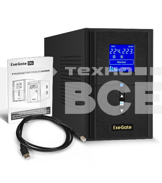 Источник бесперебойного питания (инвертор, синус, для котла) ExeGate SineTower SN-1000.LCD.AVR.2SH.1C13.USB <1000VA/800W, чистая синусоида, LCD дисплей, AVR, 2*Schuko+1*C13, USB, линейно-интерактивный, Black>