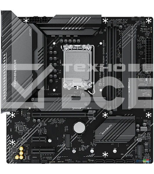 Материнская плата Maxsun MS-Terminator B760M GKD5 DARK, LGA1700, Intel B760, 2xDDR5, 4xSATA, 3xM.2, 1xPCIe 4.0 x16, 1xPCIe 4.0 x4, 1xPCIe 3.0 x1, 1xHDMI, 1xDP, 1x2.5Gb LAN, 1xUSB-C 20Gbps, 2xUSB-A 10Gbps, 3xUSB-A 2.0, 3x3.5 мм, 7.1, mATX