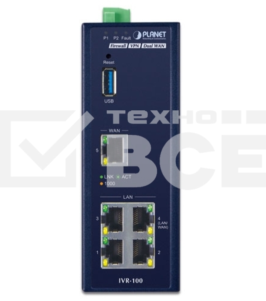 Коммутатор PLANET IVR-100 Industrial 5-Port 10/100/1000T VPN Security Gateway: Dual-WAN Failover and Load Balancing, Cyber Security, SPI Firewall, Content Filtering, DoS Attack Prevention, Port Range Forwarding, SSL VPN and robust hybrid VPN (IPSec/GRE/PP