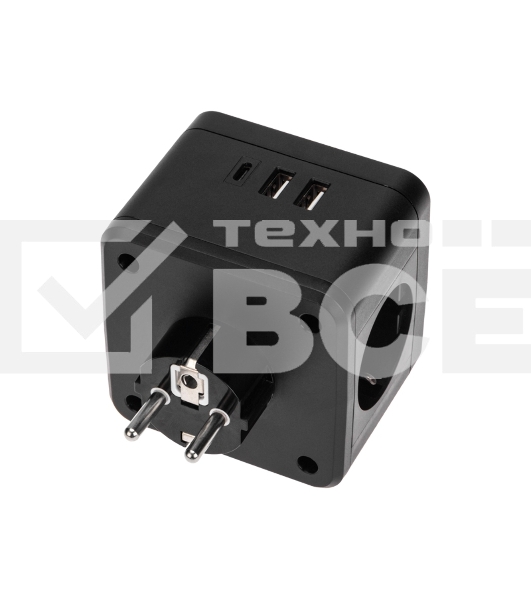 Двойник электрический Куб 16А с заземлением + 2хUSB-A 2,4А + USB Type-C 3А с ночной подсветкой, черный Rexant