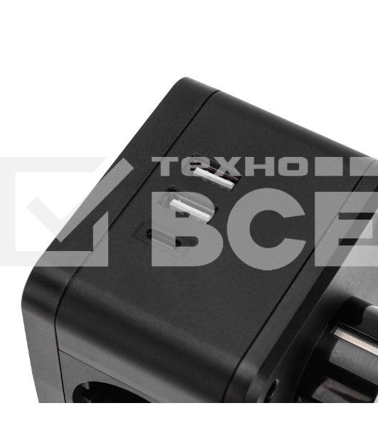 Двойник электрический Куб 16А с заземлением + 2хUSB-A 2,4А + USB Type-C 3А с ночной подсветкой, черный Rexant